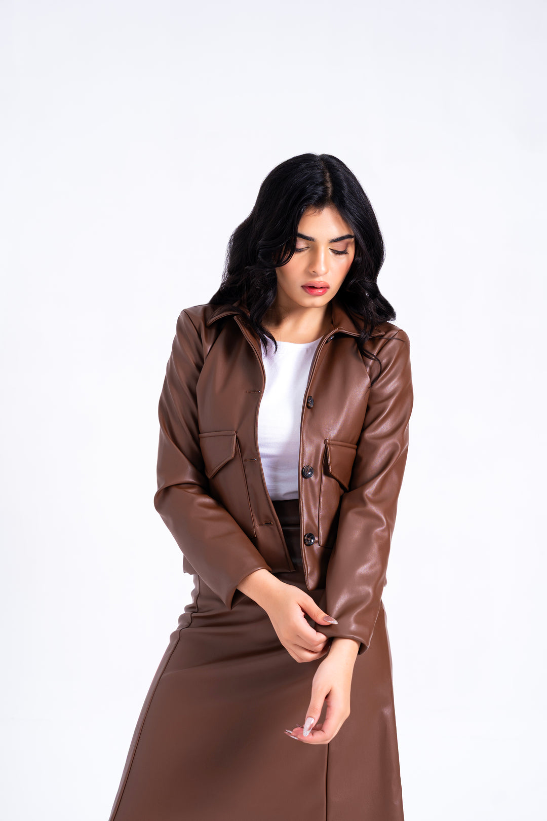 Leather Jacket with Patch Pocket - Brown