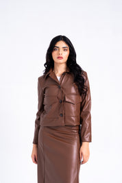 Leather Jacket with Patch Pocket - Brown