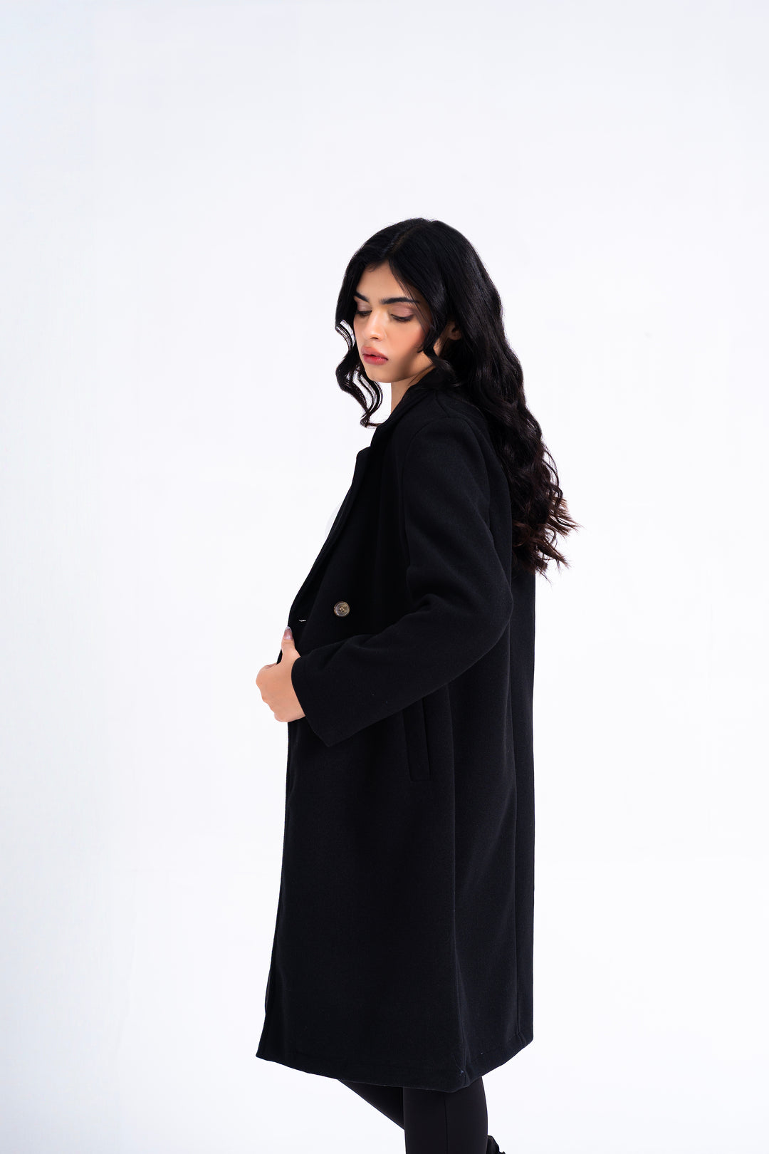 Double Breasted Wool Coat - Black