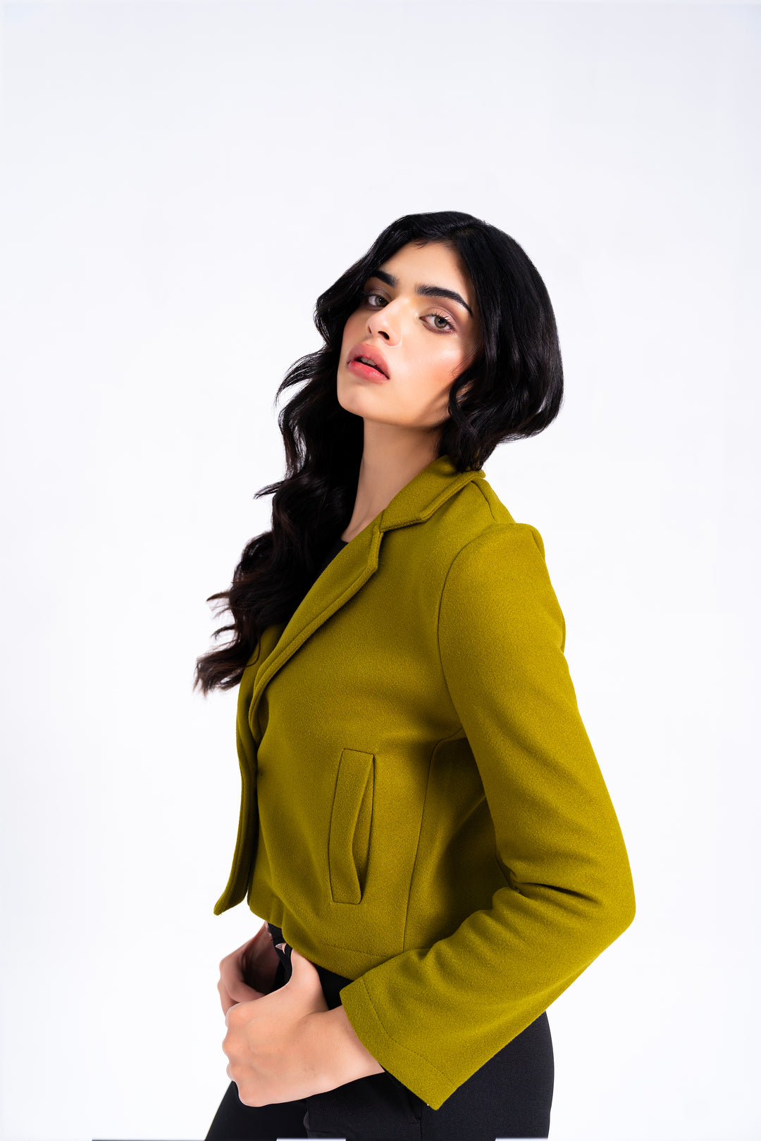 Cropped Wool Blazer - Golden Olive