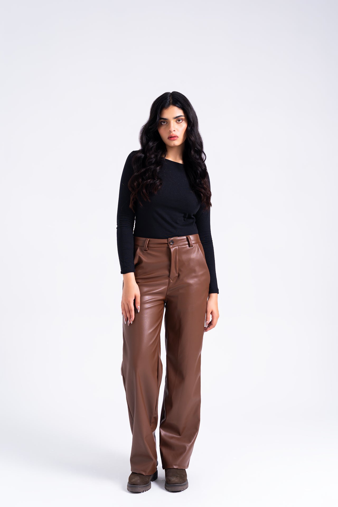 High Rise Wide Leg Pant in Faux Leather - Brown