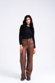 High Rise Wide Leg Pant in Faux Leather - Brown