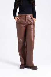 High Rise Wide Leg Pant in Faux Leather - Brown