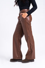 High Rise Wide Leg Pant in Faux Leather - Brown
