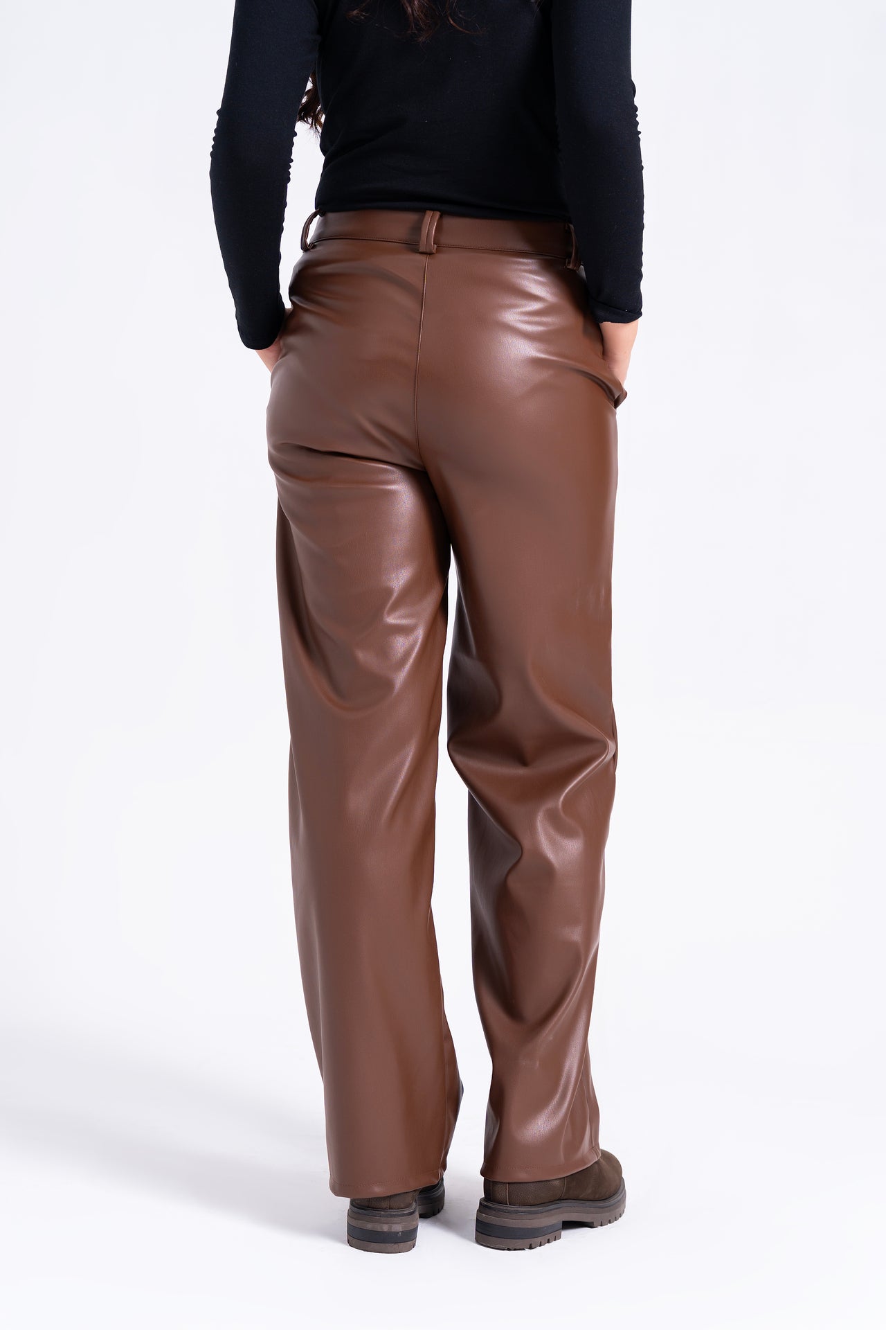 High Rise Wide Leg Pant in Faux Leather - Brown