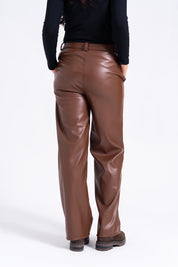 High Rise Wide Leg Pant in Faux Leather - Brown
