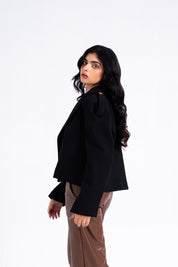 Double Breasted Cropped Wool Coat - Black
