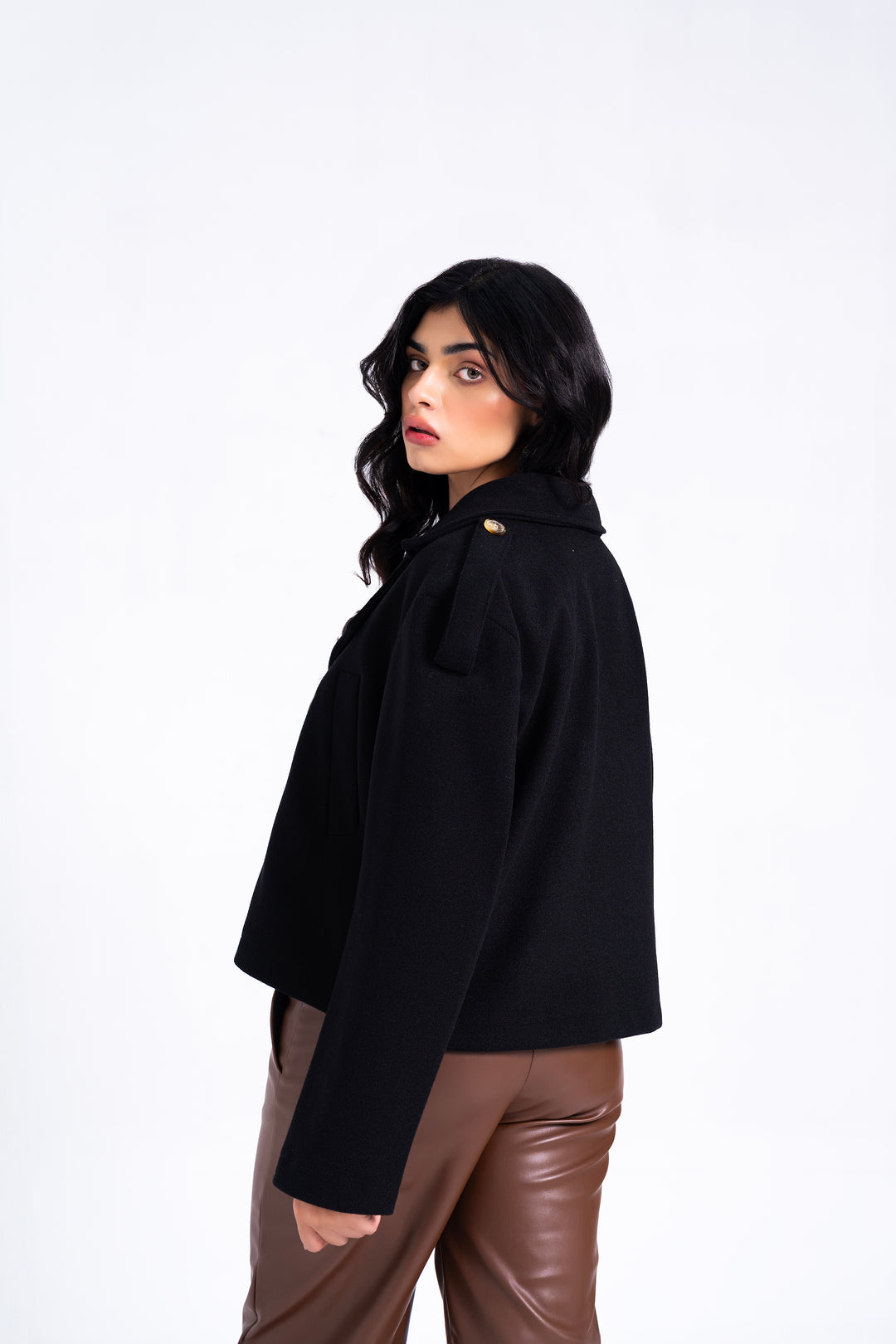 Double Breasted Cropped Wool Coat - Black