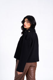 Double Breasted Cropped Wool Coat - Black