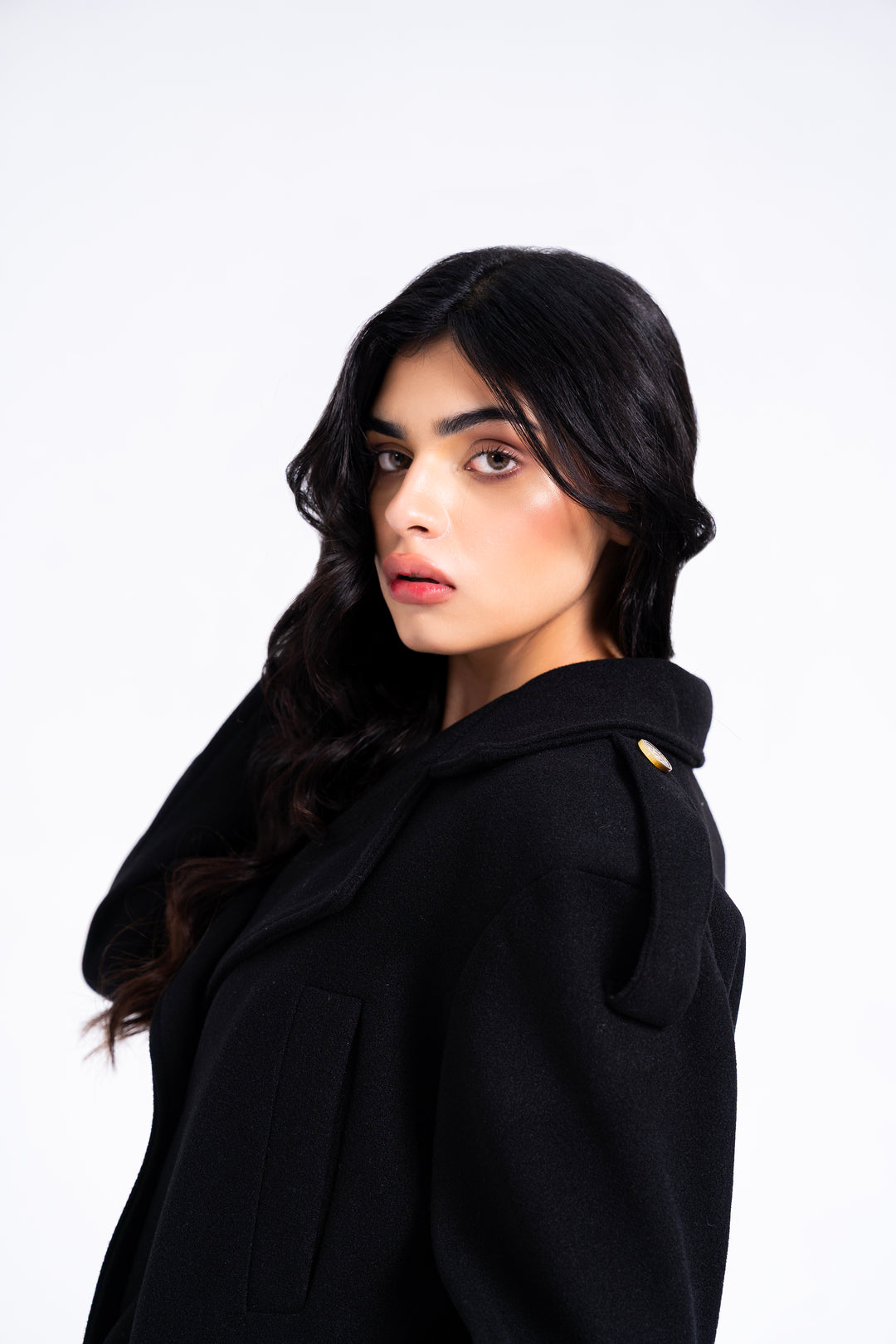 Double Breasted Cropped Wool Coat - Black