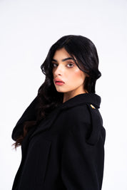 Double Breasted Cropped Wool Coat - Black