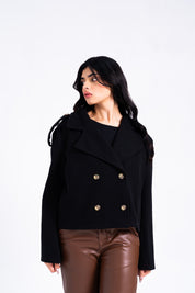 Double Breasted Cropped Wool Coat - Black