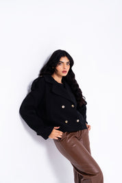 Double Breasted Cropped Wool Coat - Black