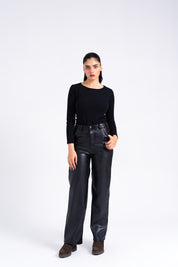 High Rise Wide Leg Pant in Faux Leather - Black