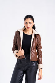 Sherpa Detail Leather Jacket with Zip - Brown