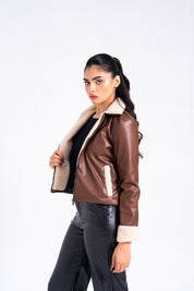 Sherpa Detail Leather Jacket with Zip - Brown