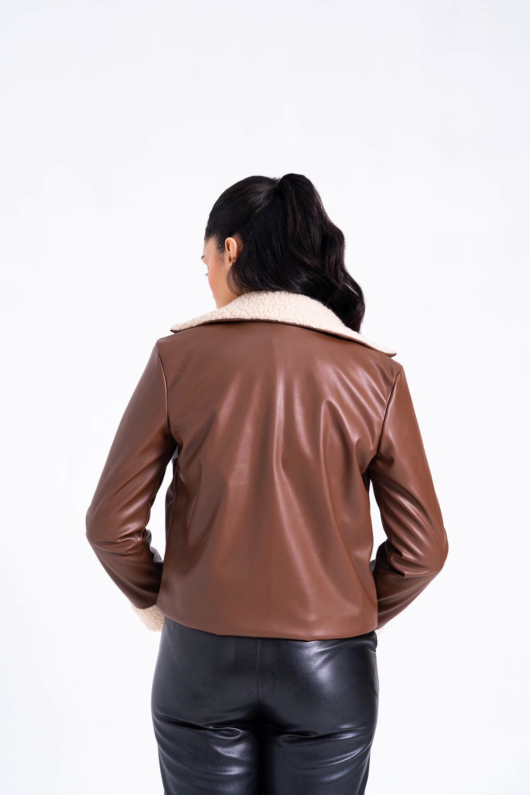 Sherpa Detail Leather Jacket with Zip - Brown