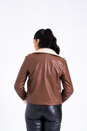 Sherpa Detail Leather Jacket with Zip - Brown