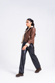 Sherpa Detail Leather Jacket with Zip - Brown
