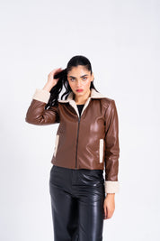 Sherpa Detail Leather Jacket with Zip - Brown