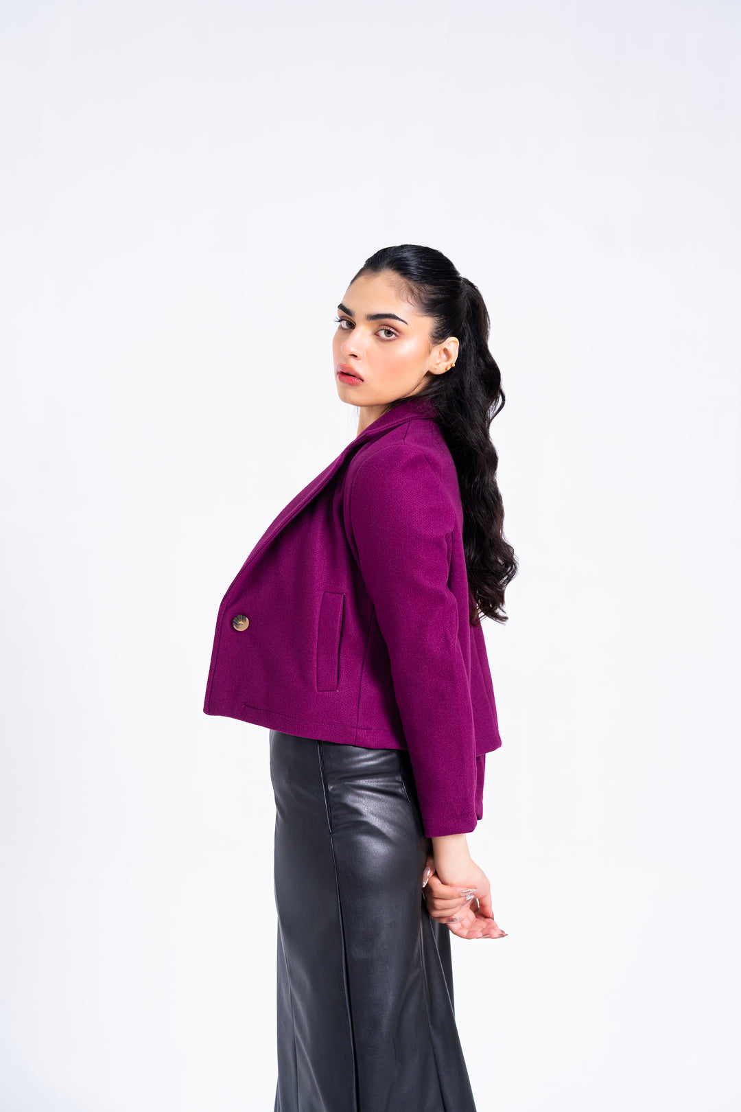 Cropped Wool Blazer - Magenta