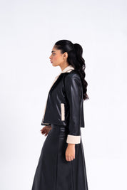 Sherpa Detail Leather Jacket with Zip - Black