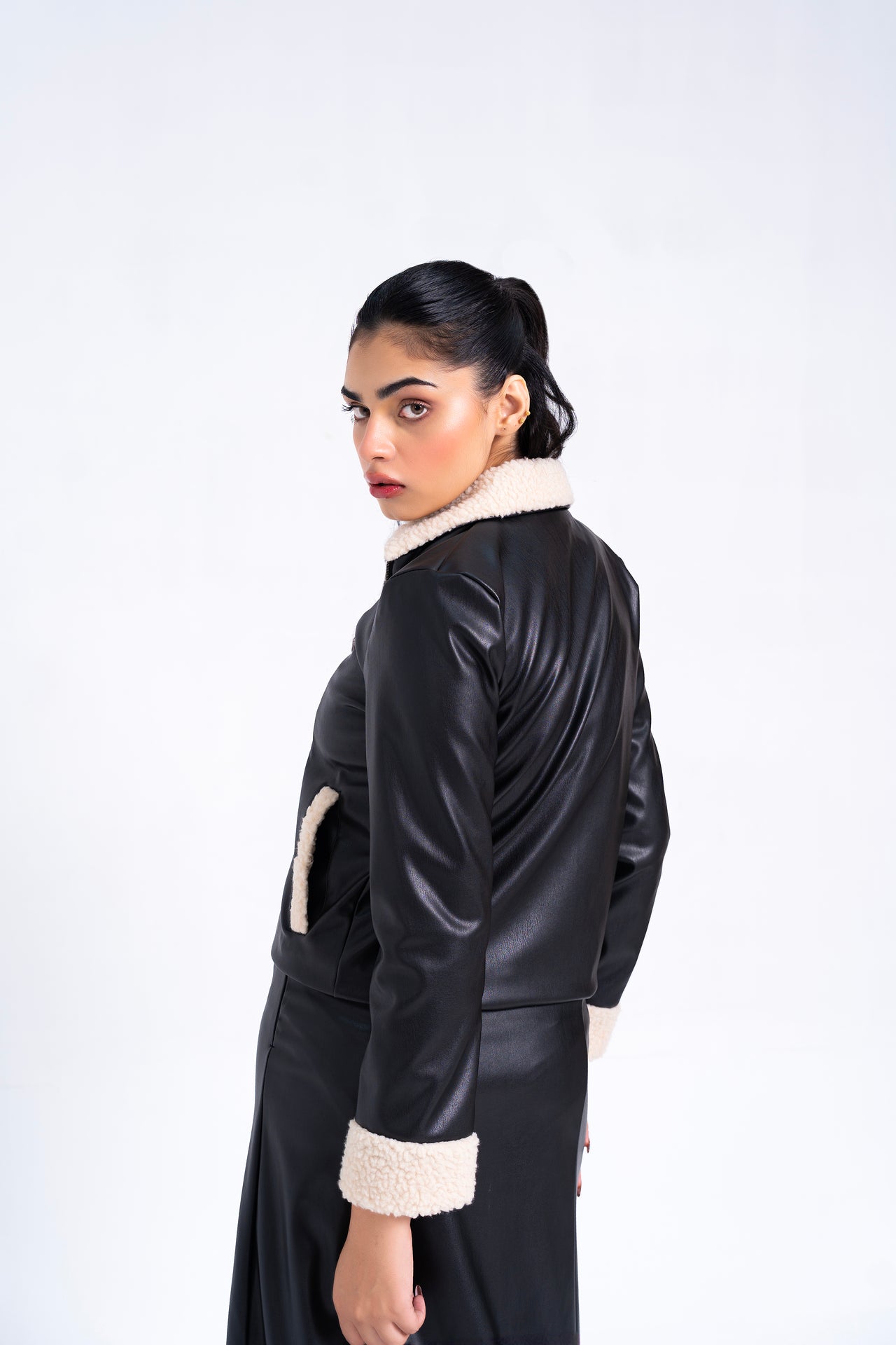 Sherpa Detail Leather Jacket with Zip - Black