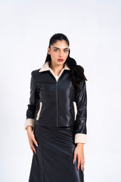 Sherpa Detail Leather Jacket with Zip - Black
