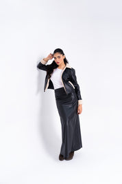 Sherpa Detail Leather Jacket with Zip - Black