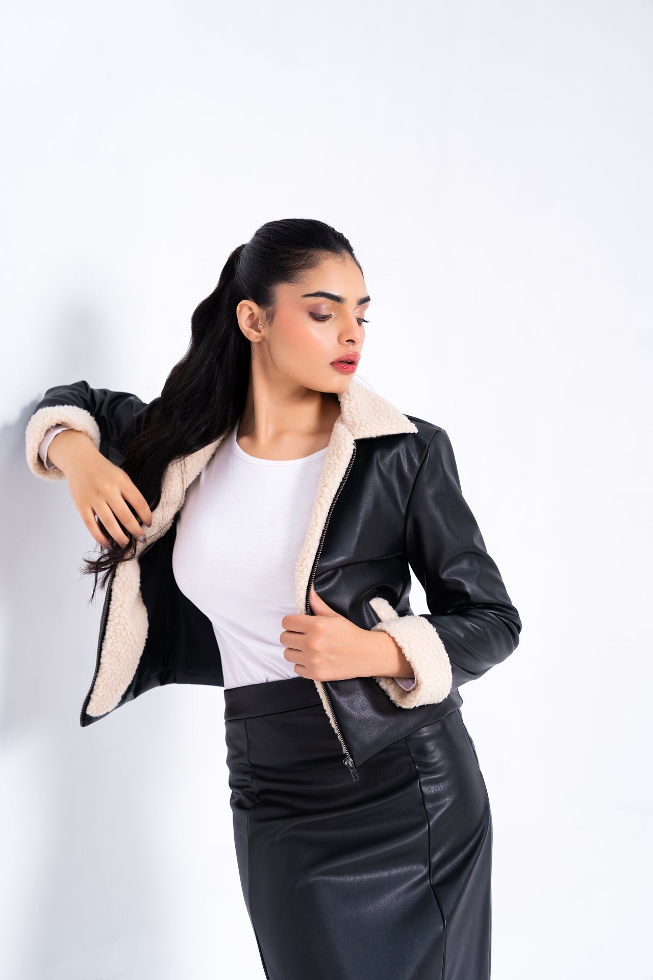 Sherpa Detail Leather Jacket with Zip - Black