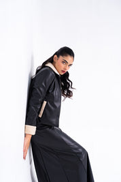 Sherpa Detail Leather Jacket with Zip - Black