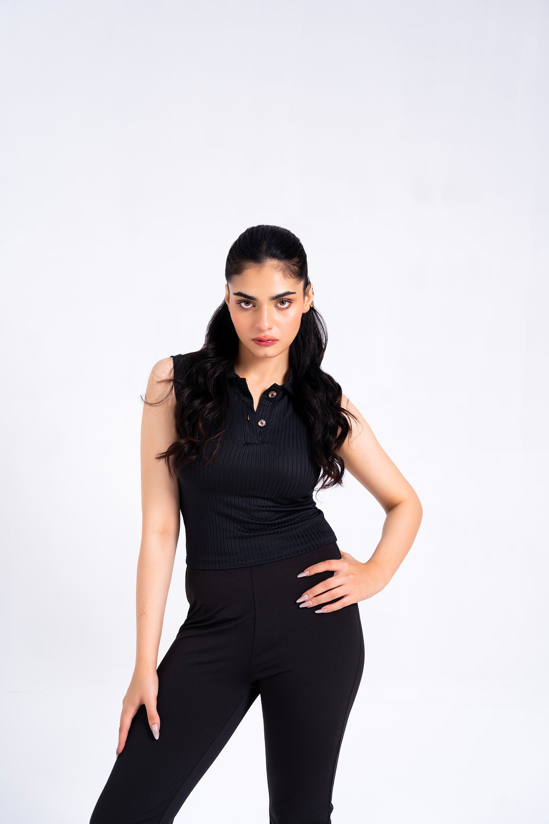 Sleeveless Polo Top - Black