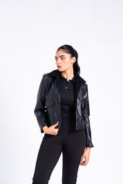 Sherpa Collared Leather Jacket with Patch Pocket - Black