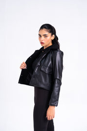 Sherpa Collared Leather Jacket with Patch Pocket - Black