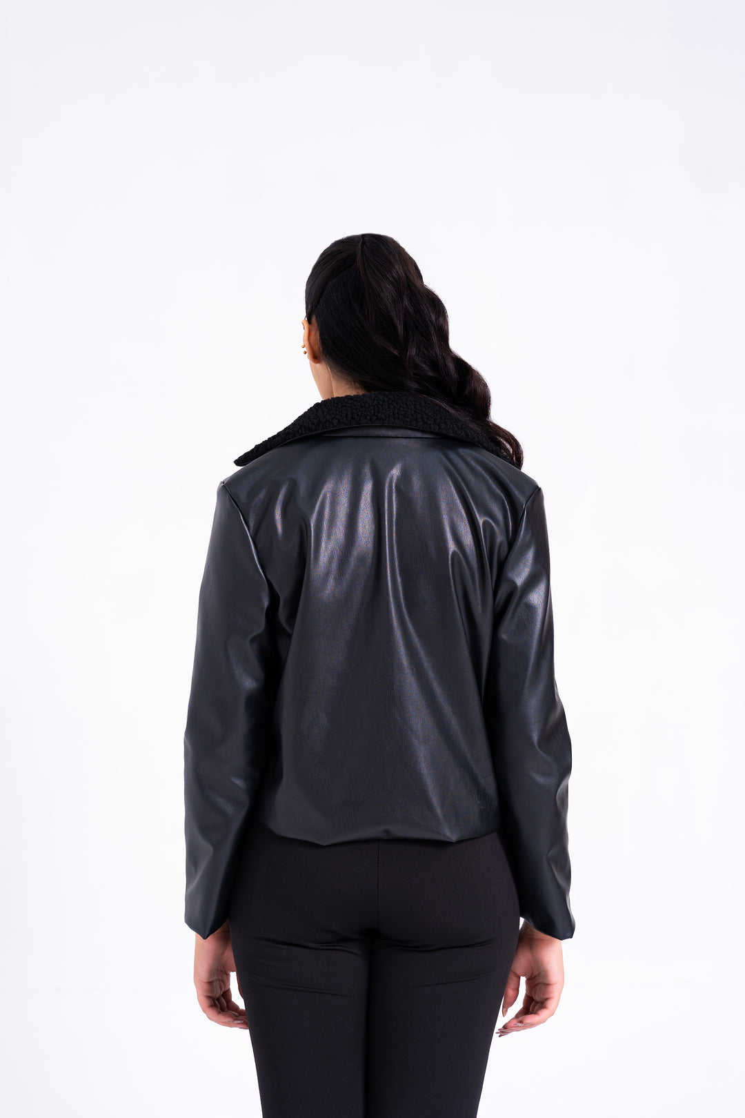 Sherpa Collared Leather Jacket with Patch Pocket - Black