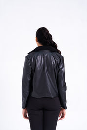 Sherpa Collared Leather Jacket with Patch Pocket - Black