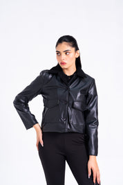 Sherpa Collared Leather Jacket with Patch Pocket - Black