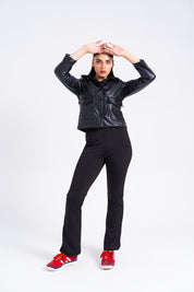 Sherpa Collared Leather Jacket with Patch Pocket - Black