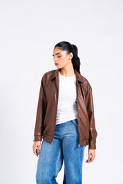 Faux Leather Oversized Jacket - Brown