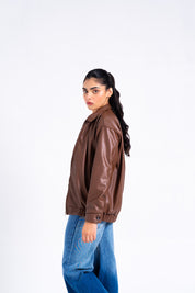 Faux Leather Oversized Jacket - Brown