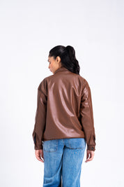 Faux Leather Oversized Jacket - Brown