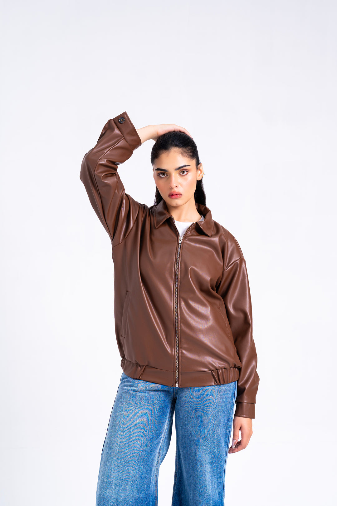 Faux Leather Oversized Jacket - Brown