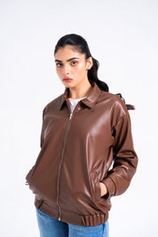 Faux Leather Oversized Jacket - Brown