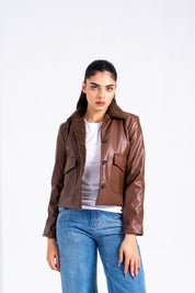 Sherpa Collared Leather Jacket with Patch Pocket - Brown