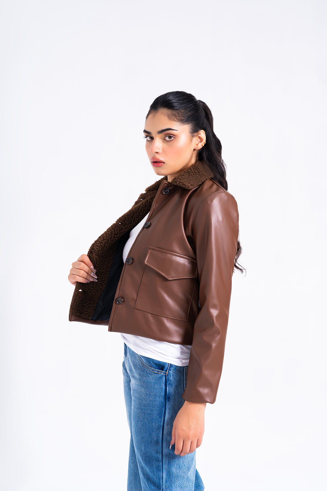 Sherpa Collared Leather Jacket with Patch Pocket - Brown