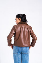 Sherpa Collared Leather Jacket with Patch Pocket - Brown