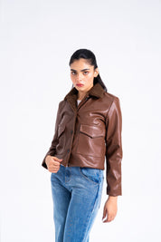 Sherpa Collared Leather Jacket with Patch Pocket - Brown