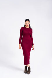 Round Neck Knitted Dress - Burgundy