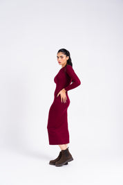Round Neck Knitted Dress - Burgundy