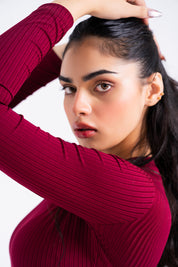 Round Neck Knitted Dress - Burgundy